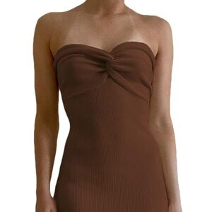 Brown Ribbed Strapless Dress